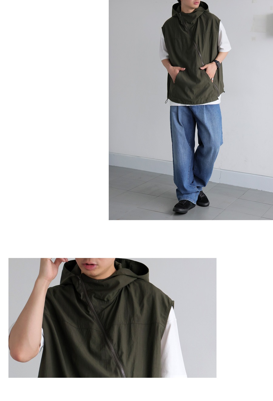 アシンメトリージップベスト メンズ フード付き 送料無料・再入荷