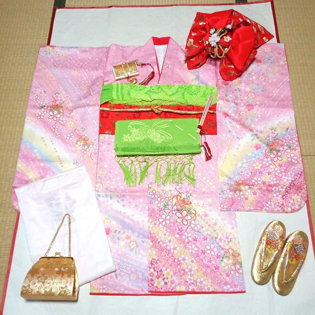 七五三　七歳　着物・結び帯フルセット (23) 七五三 着物 7歳 四つ身セット(結び帯セット) 女の子 16点フルセット