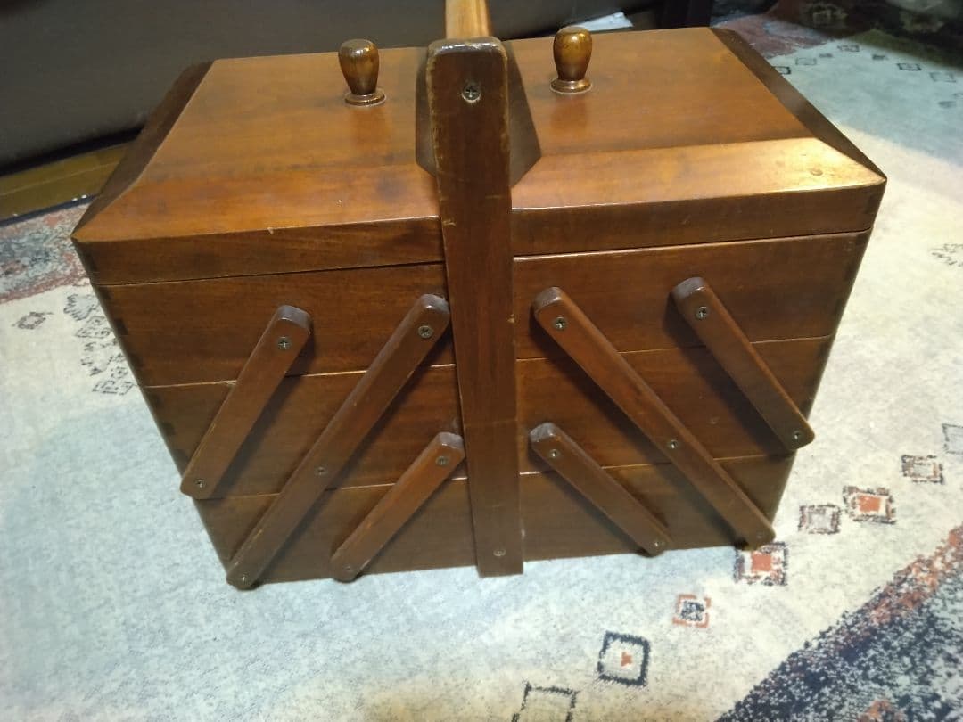 天然木裁縫箱 3段 昭和レトロ 階段開き ソーイングボックス